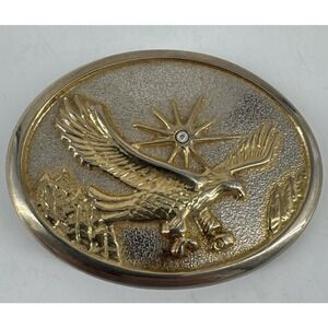 Belt Buckle Flying Bald Eagle w/Rhinestone Vtg 1970s Gold Tone Star Patriotic